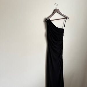 Ralph Lauren Evening Black One-Shoulder Ruched Gown with Silver Brooch & Slit